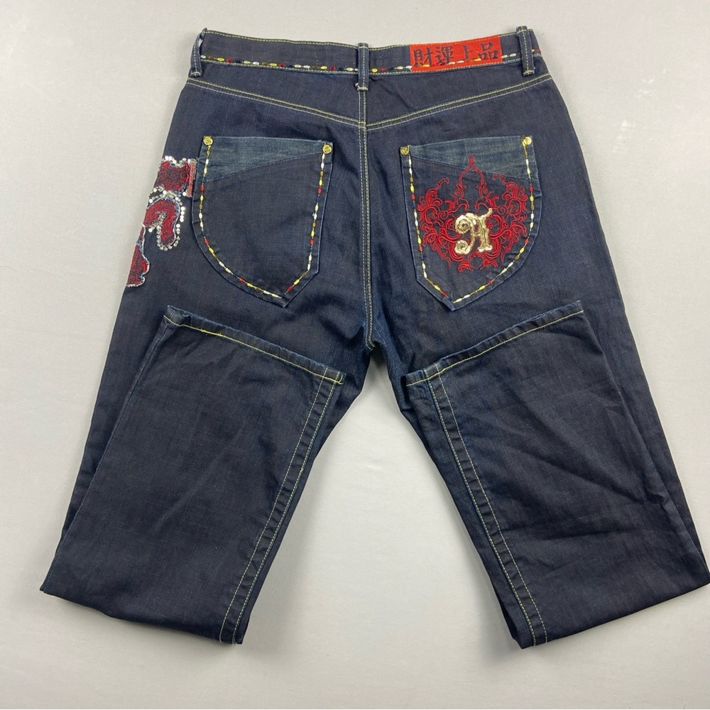 Akademiks Y2k Jeans Dragon Embroidery Men’s 34x33 Dark Wash Chinese Good Fortune